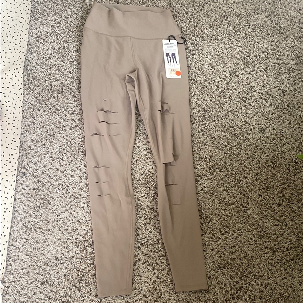 Taupe High-Waisted Ripped Leggings